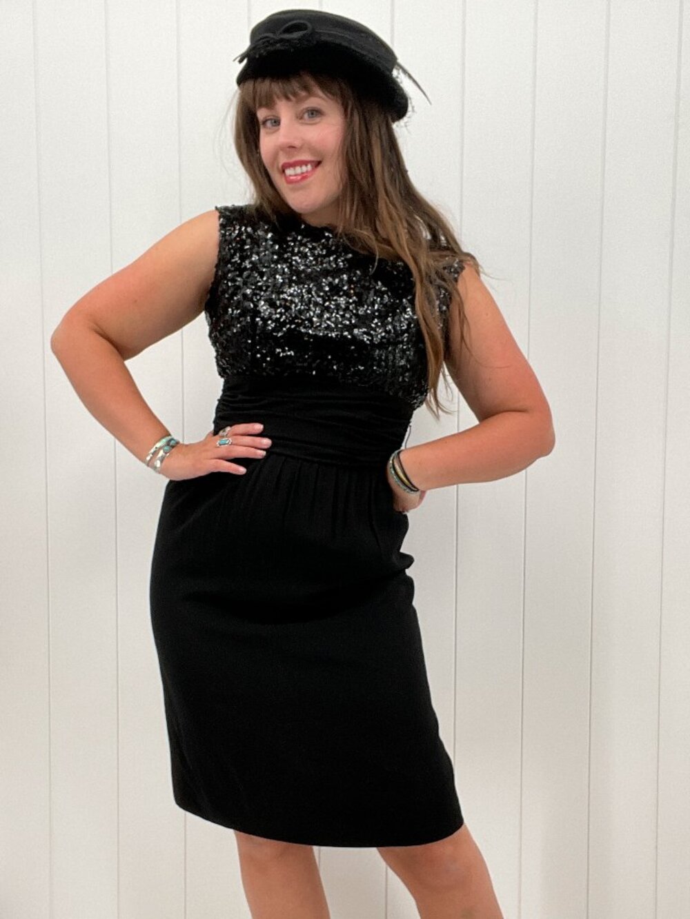Vintage 60s Black LBD Sequin Crepe Sheath Sleeveless Cocktail Dress S/M